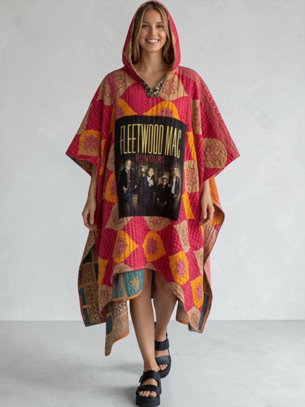 FLEETWOOD MAC Upcycled KANTHA LONG PONCHO STYLE REVERSABLE! OOAK Fits most Sizes
